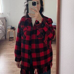 Sandro fringe-trim wool plaid jacket